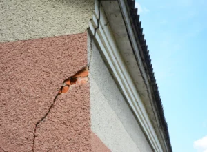 close up sshot a serious stucco crack on the corner of the house